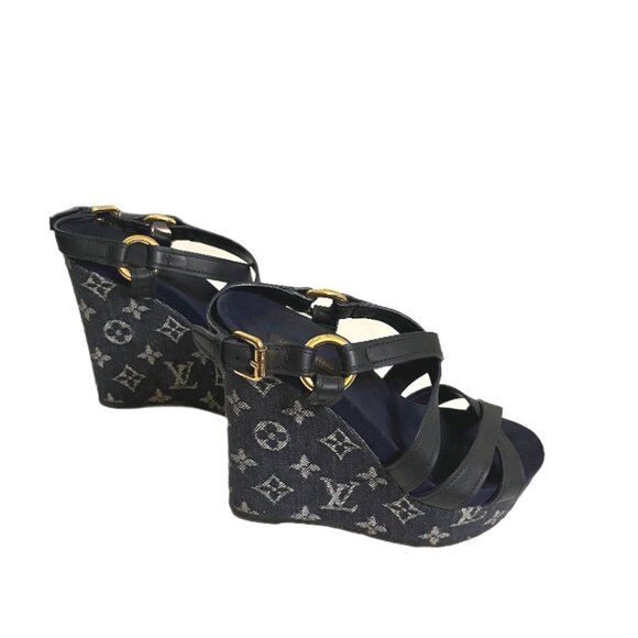 Louis Vuitton Navy Blue LV Monogram Denim & Leather Wedge Sandals Size 36/US 6 - Picture 1 of 13